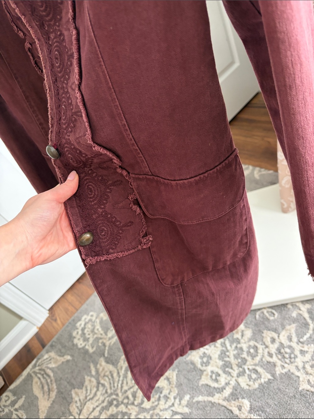 Vintage Lee Cooper Women's Long Burgundy Boho Jacket with Scalloped Trim - Picture 7 of 10